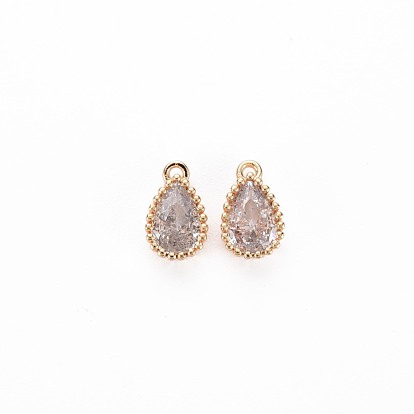 Brass Inlaid Cubic Zirconia Charms, Nickel Free, Long-Lasting Plated, Real 18K Gold Plated, Teardrop