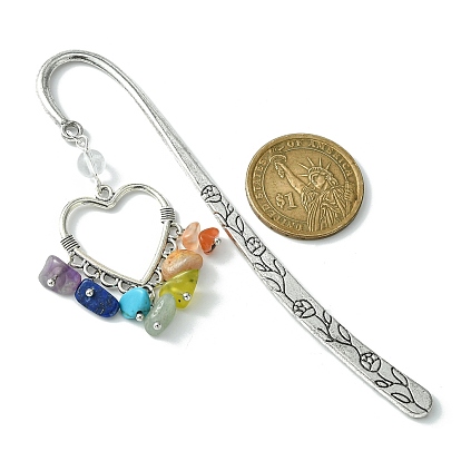 3Pcs 3 Style Fleur-de-lis/Woven Net/Heart Alloy Pendant Bookmark with Chakra Gemstone Chips, Flower Pattern Hook Bookmarks