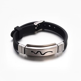 Bijoux bracelets de cordon en caoutchouc de couleur noire, avec 304 constatations en acier inoxydable et les fermoirs de bande de montre, rectangle, 215x10mm