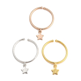 Rack Plating Brass Cuff Rings, Long-Lasting Plated, Star Charm Finger Ring, Stackable Thin Ring for Women