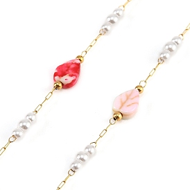 Handmade Stainless Steel & Natural Shell & ABS Plastic Pearl Beaded Link Chains, Teardtop, Spray Painted, Soldered, with Spool