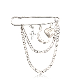Star & Moon & Heart Alloy Kilt Pins, Chains Tassel Charms Safety Pin Brooch