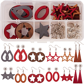 SUNNYCLUE DIY Earring Making, with Pear Wood Pendants and Brass Earring Findings, Triangle & Star & Drop & Oval & Flat Round