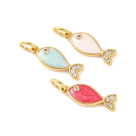 Rack Plating Brass Micro Pave Cubic Zirconia Pendants, with Enamel, Long-Lasting Plated, Fish, with Jump Ring, Real 18K Gold Plated