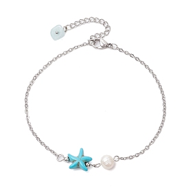 Synthetic Turquoise & Natural Freshwater Pearl Link Anklets