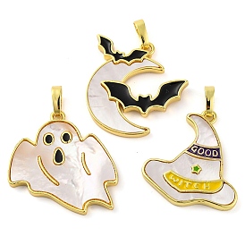 Halloween Theme Brass Enamel Pendants, with Pave Shell, Long-Lasting Plated, Real 18K Gold Plated, Ghost/Witch Hat/Moon with Bat