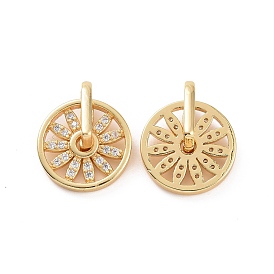 Rotatable Brass Micro Clear Pave Cubic Zirconia Pendants, Flat Round with Flower Charms