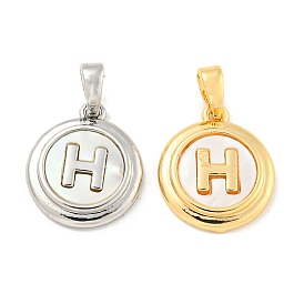 Natural Shell & Brass Flat Round with Letter H Charms with Snap on Bails