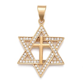 304 Stainless Steel Pendants, with Crystal Rhinestone, Star of David with Cross