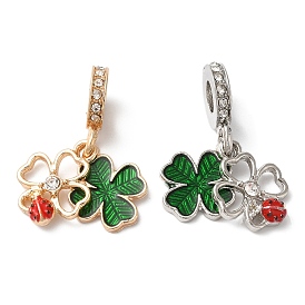 Rack Plating Alloy Crystal Rhinestone European Dangle Charms, Large Hole Clover & Ladybug Pendants with Green & Red Enamel, Cadmium Free & Nickel Free & Lead Free