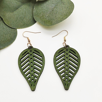 Iron Wood Dangle Earrings for Women, Leaf, Golden