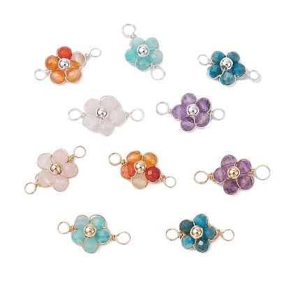 Подвески-коннекторы в виде цветка из натурального амазонита, апатита, розового кварца, аметиста и красного агата с круглыми гранеными бусинами, с обмоткой из медной проволоки