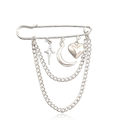 Star & Moon & Heart Alloy Kilt Pins, Chains Tassel Charms Safety Pin Brooch