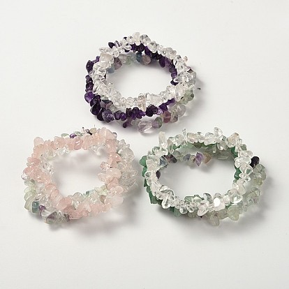 Multi-strand Gemstone Chips Stretch Bracelets, 3 Bracelets a Set, 53~55mm