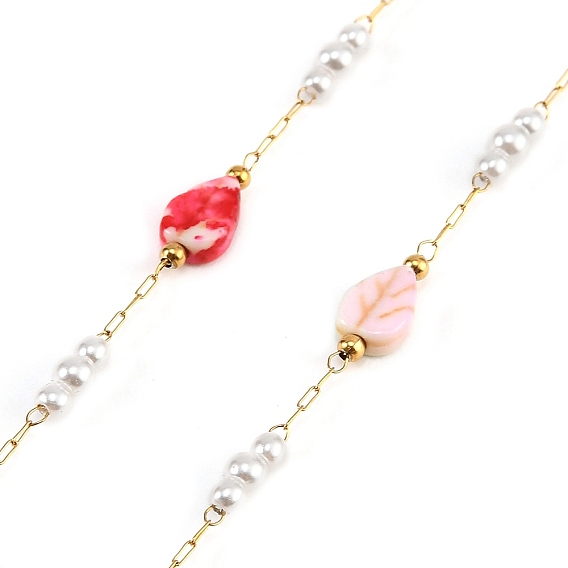 Handmade Stainless Steel & Natural Shell & ABS Plastic Pearl Beaded Link Chains, Teardtop, Spray Painted, Soldered, with Spool
