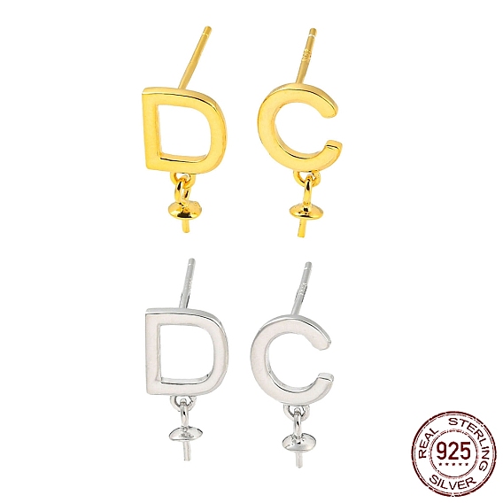 925 Sterling Silver Stud Earring Findings, Initial Letter D & C Asymmetrical Earrings Findings for Half Drilled Beads, with S925 Stamp