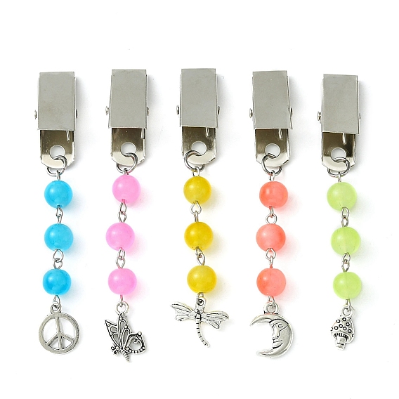 Peace Sign/Dragonfly/Moon Tibetan Style Alloy Pendant Credit Card Clip Puller, Baking Painted Imitation Jade Glass Round Beaded Card Clip Grabber