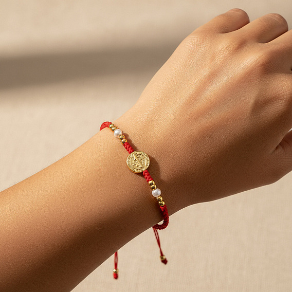 Браслеты из латуни с медальонами святых, регулируемые браслеты из бусин на шнурке