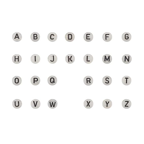 300Pcs Enamel Style Acrylic Beads, Luminous, Horizontal Hole, Flat Round with Letter, Light Grey