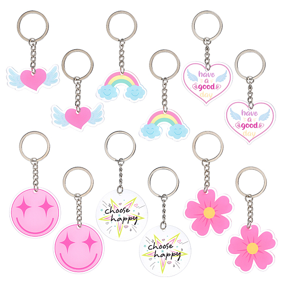 12Pcs 6 Style Acrylic Keychains, with Iron Rings, Mixed Shapes, Platinum