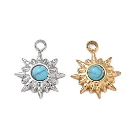 Synthetic Turquoise Pendants, 304 Stainless Steel Sun Bezeled Charms
