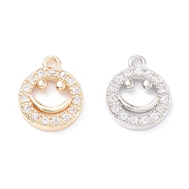 Rack Plating Brass Micro Pave Cubic Zirconia Charms, Long-Lasting Plated, Flat Round with Smiling Face
