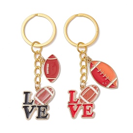 Rugby & Word Love Alloy Enamel Keychains, with Iron Split Key Rings