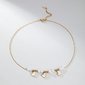 Stainless Steel Heart Bib Necklace with Imitation Pearl Beaded Chains for Women