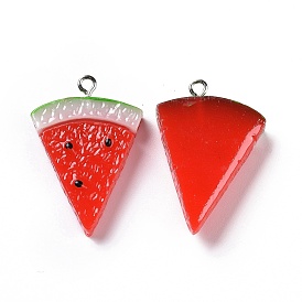 Opaque Resin Fruit Pendants, Triangle Watermelon Charm with Platinum Tone Iron Loops