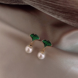 Imitation Pearl Bead Dangle Earrings, Alloy Enamel Earrings for Women, 925 Sterling Silver Pins, Ginkgo Leaf