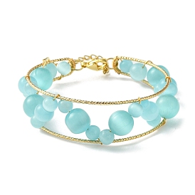 Sky Blue Round Cat Eye Beaded Brass Bangles for Women