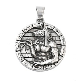 Titanium Steel Pendants, Flat Round with Anubis of Egypt Charm