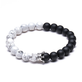 Natural White Howlite Beaded Bracelet with Crown Charm and Matte Stone - 8mm