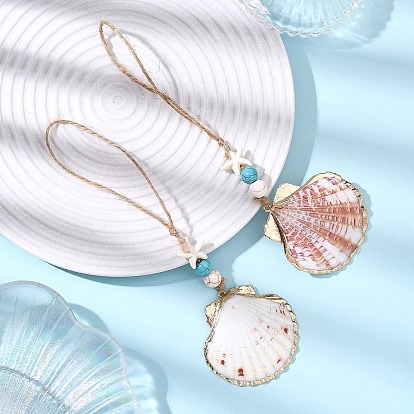 Подвесные украшения из ракушек с гальваническим покрытием, с синтетическими бирюзовыми бусинами и джутовым шнуром, формы раковины