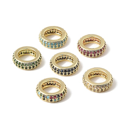 Brass Micro Pave Cubic Zirconia Beads, Flat Round, Large Hole Beads, Rack Plating, Long-Lasting Plated, Lead Free & Cadmium Free, Real 18K Gold Plated