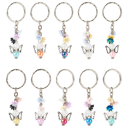 10piezas 10 llaveros acrílicos de ángel de colores, con dije de flor de resina y llaveros partidos de hierro