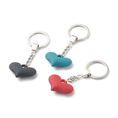 Keychain, with 304 Stainless Steel Open Jump Rings, Iron Split Key Rings and Rubberized Style Acrylic Pendants, Puffed Heart