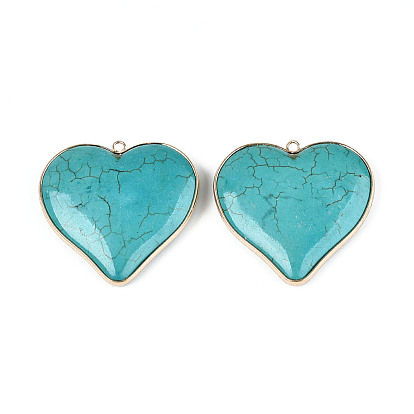 Dyed Synthetic Turquoise Heart Pendants, with Golden Brass Edge