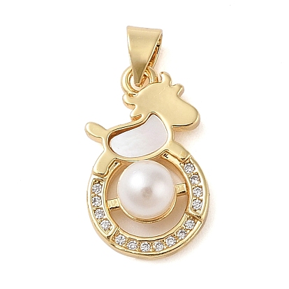 Brass Micro Pave Clear Cubic Zirconia Pendants, Cadmium Free & Lead Free, with Shell, ABS Imitation Pearl, Deer