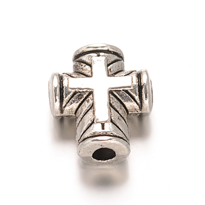 Cross Tibetan Style Alloy Beads, Cadmium Free & Lead Free, 10x8x3.5mm, Hole: 2mm