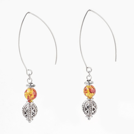 Gemstone Beads Dangle Earrings, with Alloy Findings and 304 Stainless Steel Earring Hooks, Round