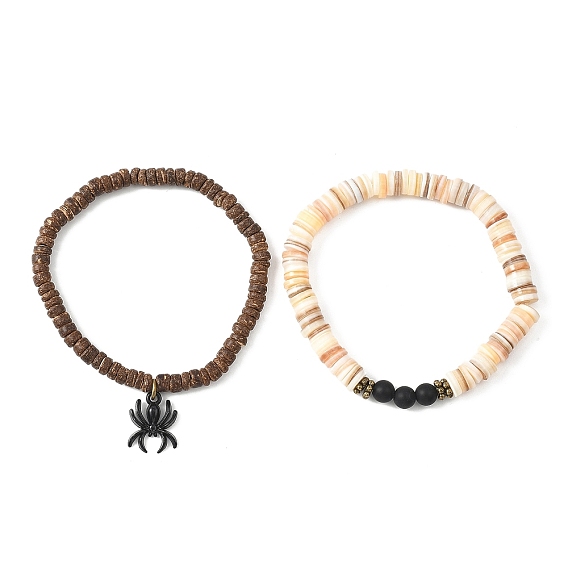 2шт. эластичные браслеты из натурального черного агата, кокоса и ракушек, Сплав с подвесками