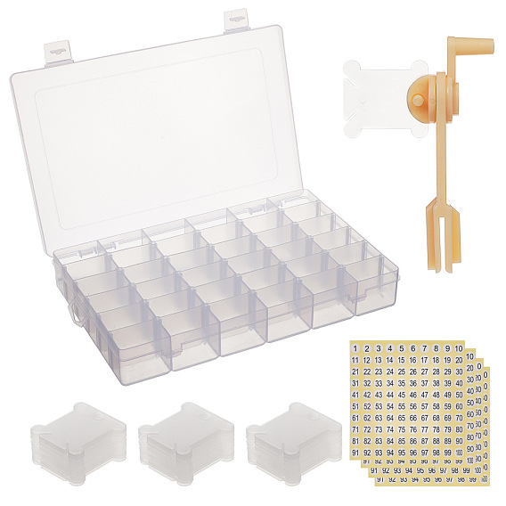 100PCS Plastic Embroidery Thread Card Bobbins and 1PC String Winder, Plastic Clear Beads Storage Containers and Paper Stickers