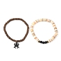 2шт. эластичные браслеты из натурального черного агата, кокоса и ракушек, Сплав с подвесками