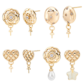 12Pcs Brass Stud Earring Findings, with 925 Sterling Silver Pins and Cup Peg Bails, for Half Drilled Bead, Cadmium Free & Nickel Free & Lead Free, with 40pcs Plastic Ear Nuts