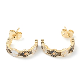 Semicircular Brass Enamel Half Hoop Earrings, with Ear Nuts, Daisy, Black & White