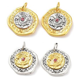 Brass Pendants, with Jump Ring and Glass, Flat Round with Dragon Charm