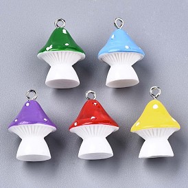 Opaque Resin Pendants, with Platinum Tone Iron Loops, Mushroom with Polka Dots