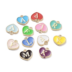 Alloy Enamel Charms, Light Gold, Heart with Letter Charm