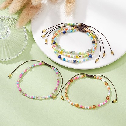 Natural Mixed Gemstone & Glass Seed Braided Bead Bracelet, Nylon Adjustable Bracelet